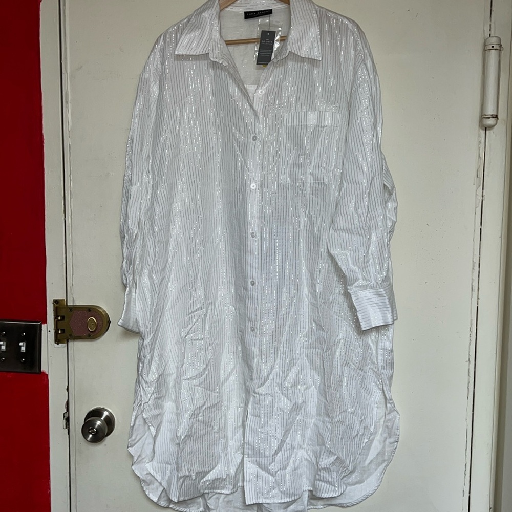 NWT Lane Bryant Swim Suit CoverUp s22/24 White with Silver Metallic Stripes